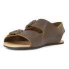 front angle view of brown oak & hyde wisteria barefoot sandals highlighting open toe design and barefoot construction