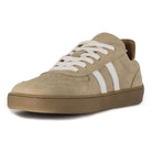 front view of womens larch barefoot trainers in beige showing front lace and side stripes