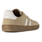 heel view of womens larch barefoot trainers in beige showing white panel detail and logo