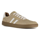 side angled view of womens larch barefoot trainers in beige showing white contrast stripe detail