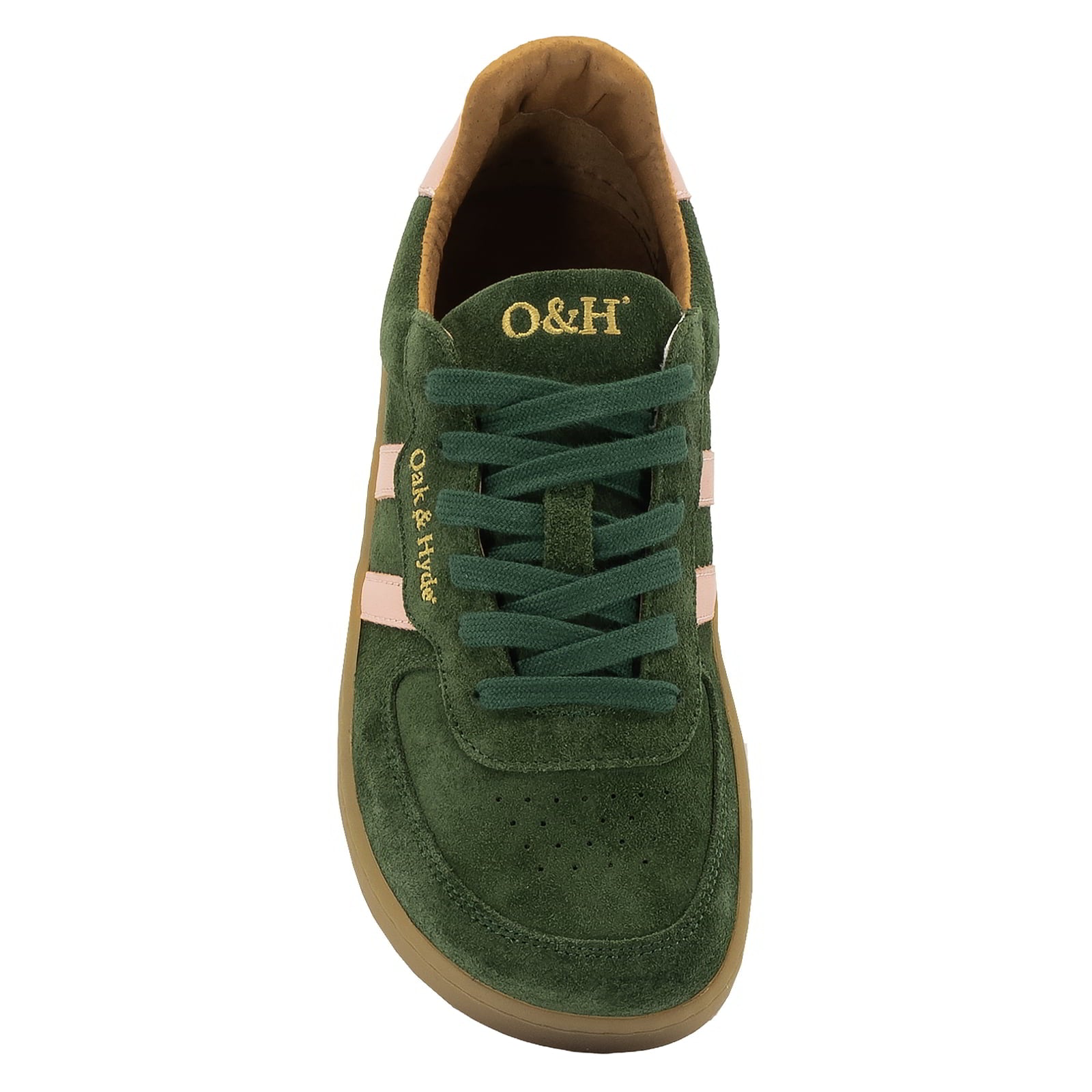 view of the top of the womens larch barefoot trainer in green pink showing the toe box shape
