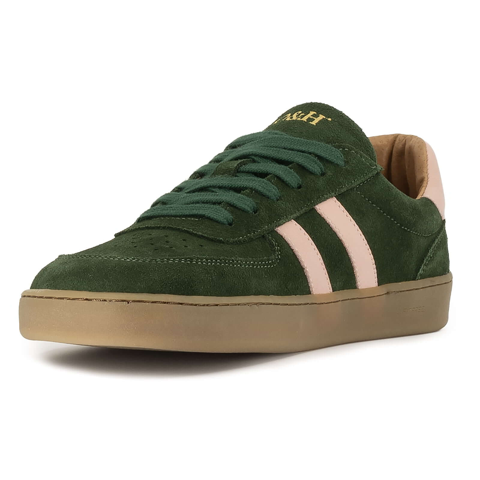 front view of womens larch barefoot trainers in green showing front lace