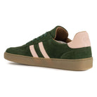 inside angled view of womens larch barefoot trainers in green showing logo on heel