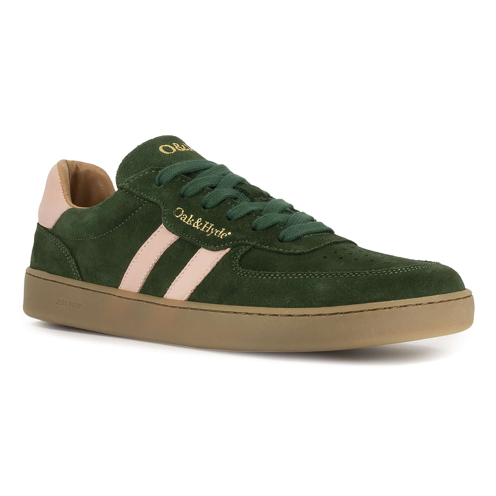 side angled view of womens larch barefoot trainers in green showing pink stripe detail and logo