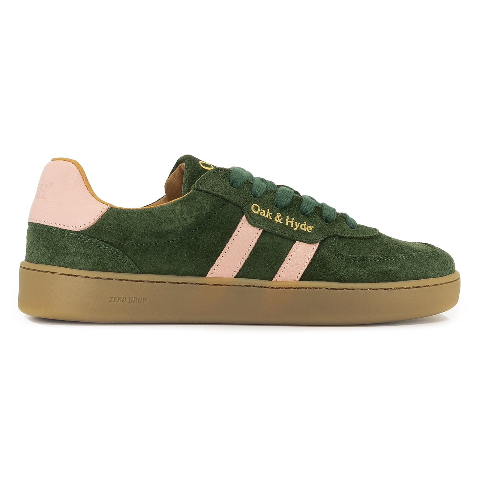 side profile view of womens larch barefoot trainers in green showing suede leather upper