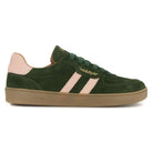 side profile view of womens larch barefoot trainers in green showing suede leather upper