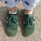 top down view of womens larch barefoot trainers in green pink showing toe shape