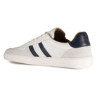 inside angled view of mens larch barefoot trainers in white highlighting logo on heel