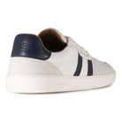 heel view of mens larch barefoot trainers in white showing heel panel detailing