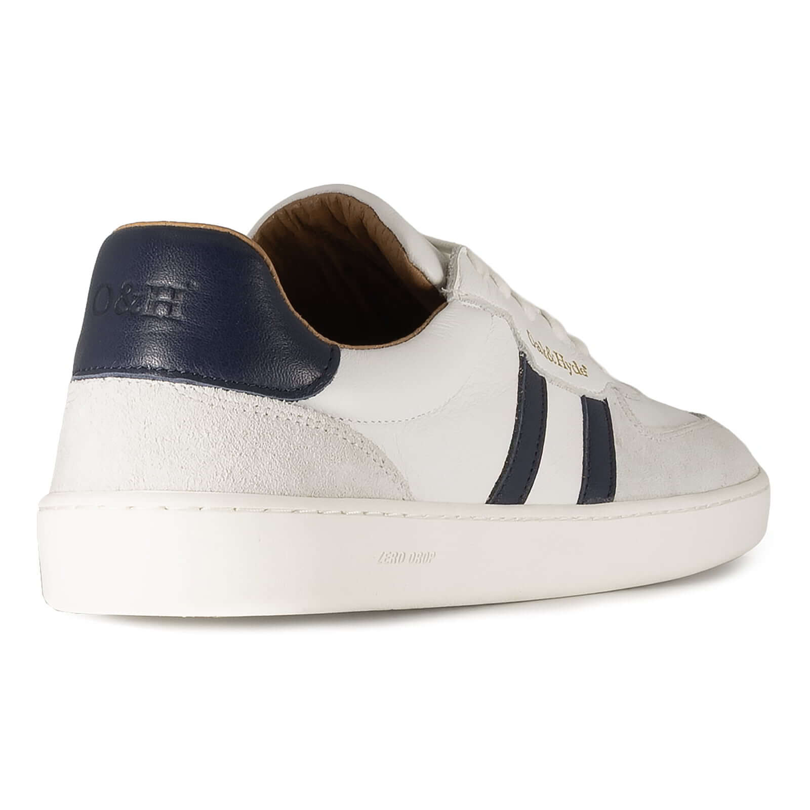 heel view of mens larch barefoot trainers in white showing heel panel detailing