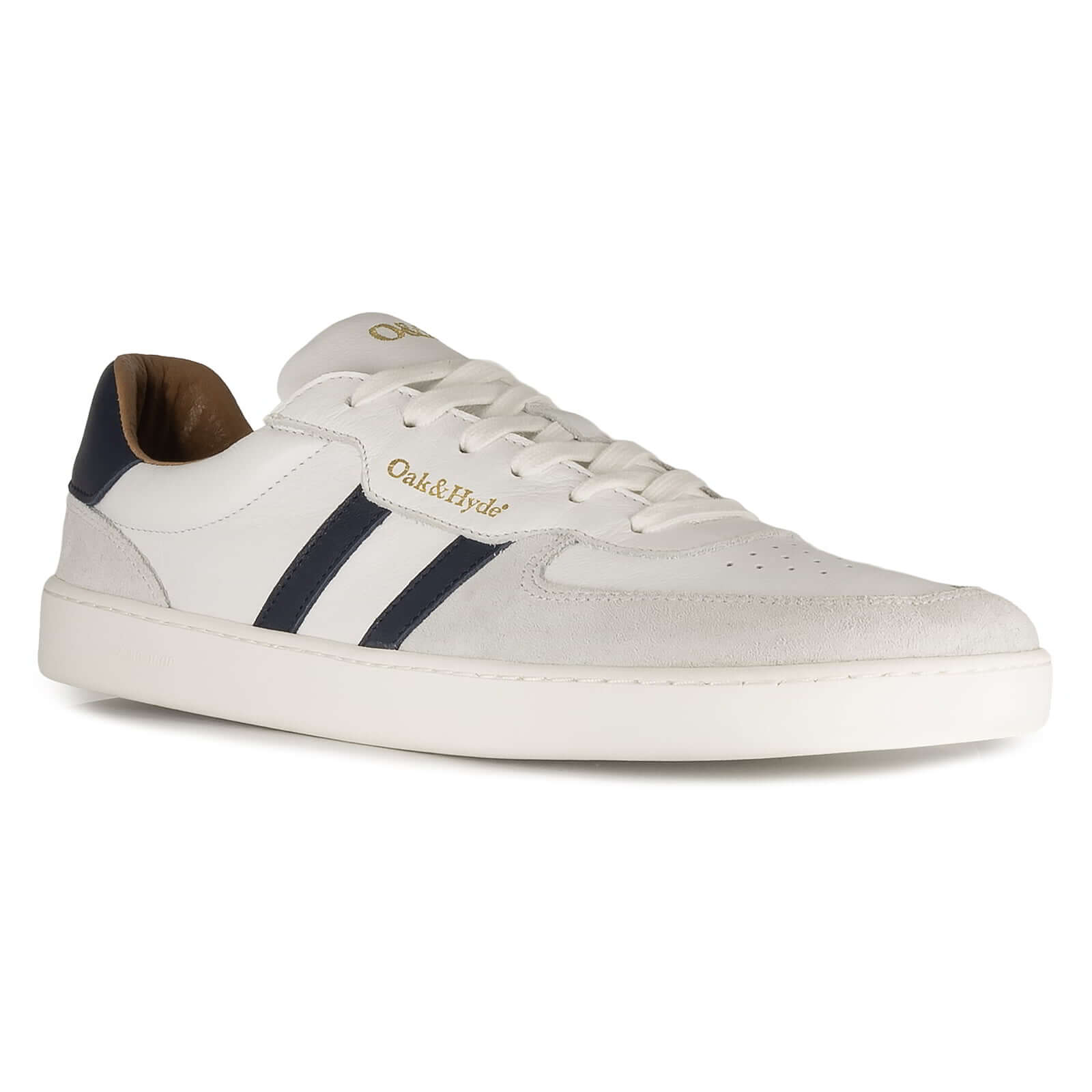 side angled view of mens larch barefoot trainers in white showing stripe detailing and logos