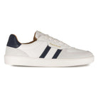 side profile view of mens larch barefoot trainers in white navy showing leather upper