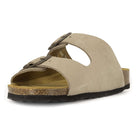 front angle view of beige oak & hyde malaga adjustable sandals highlighting wide leather straps and contoured cork footbed
