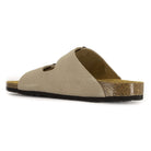 side view of beige oak & hyde malaga adjustable sandals showing leather upper and cork midsole