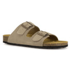 angled front view of beige oak & hyde malaga adjustable sandals showing open toe design and adjustable straps