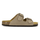side profile of beige oak & hyde malaga adjustable sandals with double buckle straps and cork footbed