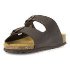 front angle view of dark brown oak & hyde malaga adjustable sandals highlighting wide leather straps and contoured cork footbed