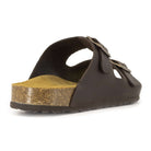 rear angle view of dark brown oak & hyde malaga adjustable sandals showing heel edge and cork sole