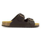 side profile of dark brown oak & hyde malaga adjustable sandals with double buckle straps and cork footbed