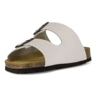 front angle view of white oak & hyde malaga adjustable sandals highlighting wide leather straps and contoured cork footbed