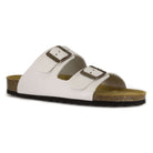 angled front view of white oak & hyde malaga adjustable sandals showing open toe design and adjustable straps