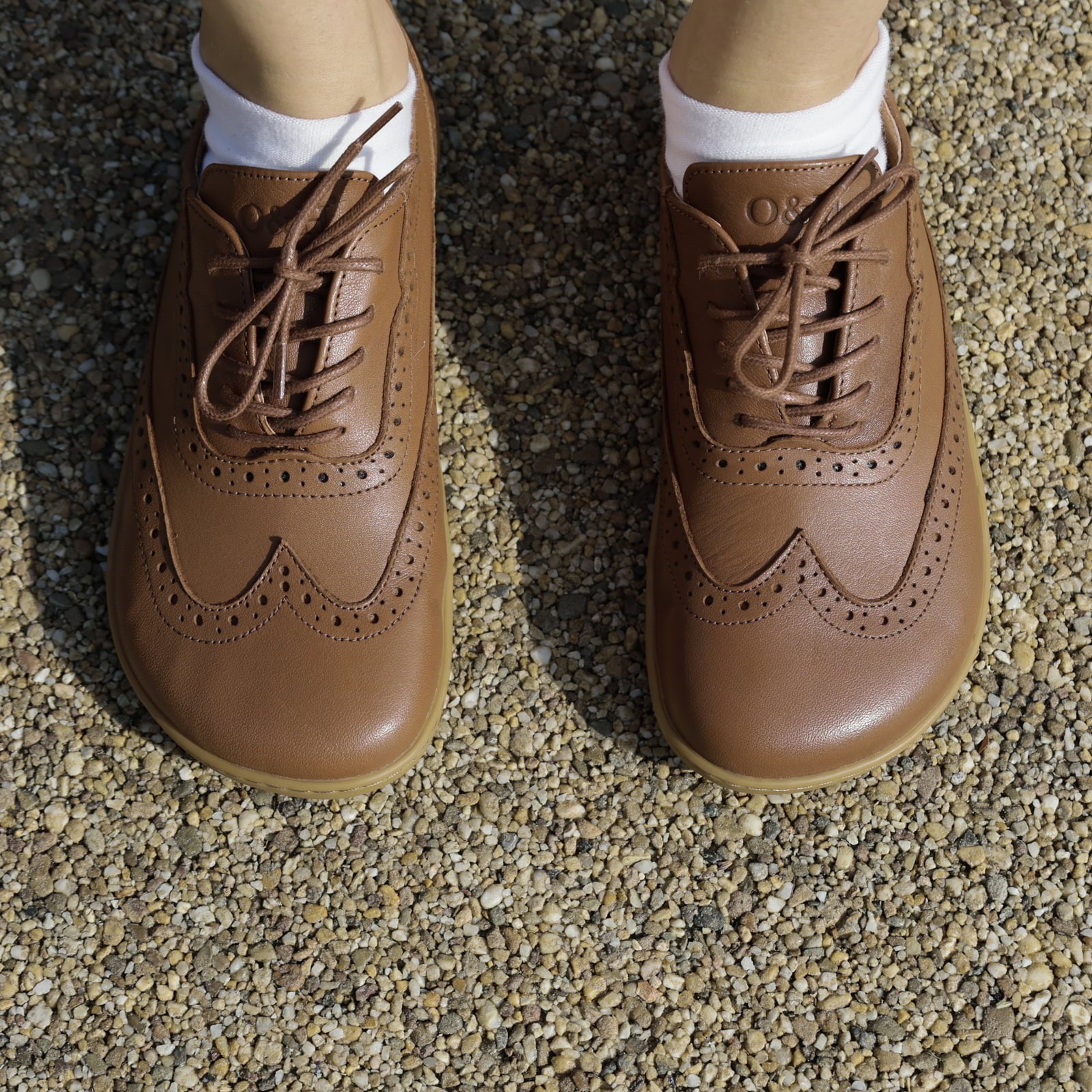 top down view of maple barefoot brogue shoes showing the toe box shape