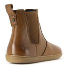 tan oak & hyde willow zip barefoot chelsea boots rear angle view with elastic panel