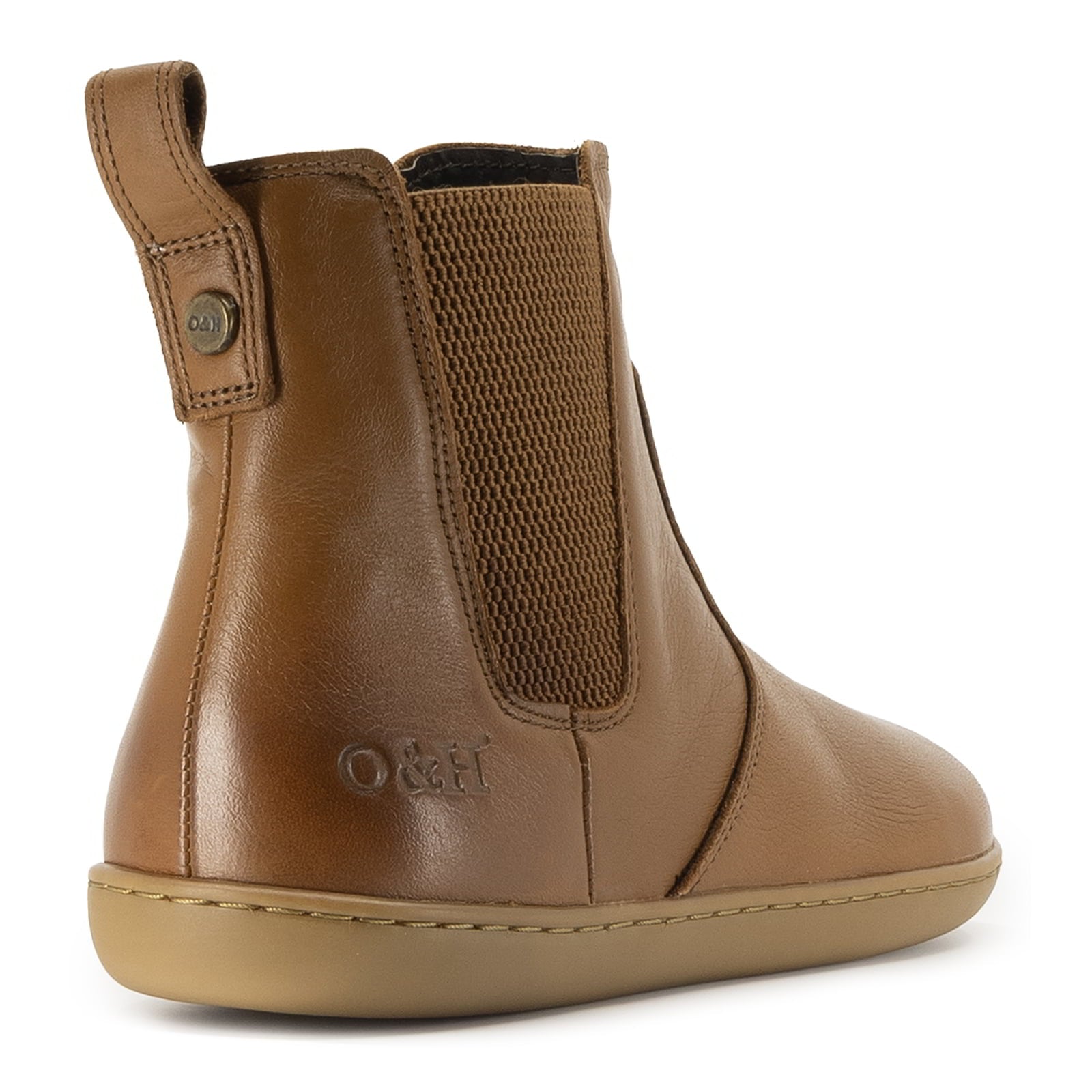 tan oak & hyde willow zip barefoot chelsea boots rear angle view with elastic panel