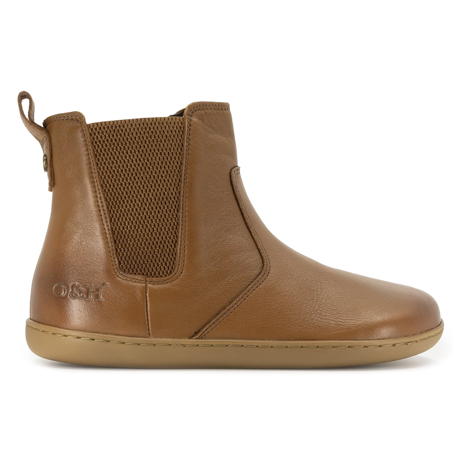tan oak & hyde willow zip barefoot chelsea boots side profile with elastic panel